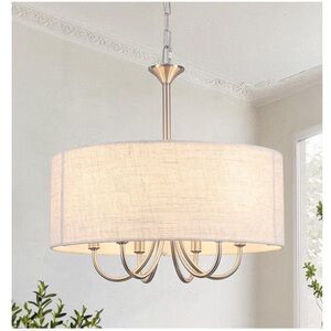 NIB Drum Chandeliers 6-Light Modern Linen Pendant Light, Brushed Nickel Fixture